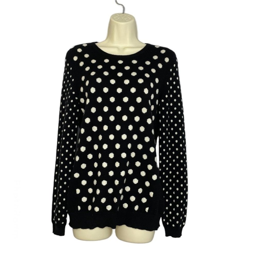 Neiman Marcus Polka Dot Cashmere Crew Neck Sweater Black - Picture 1 of 6